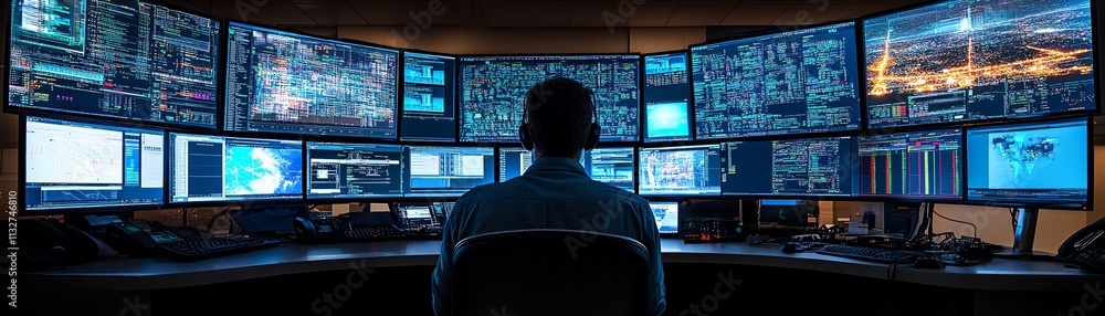 Poster Person intently reviewing complex data on multiple screens in a hightech control room, highlighting technology, cybersecurity, and information security