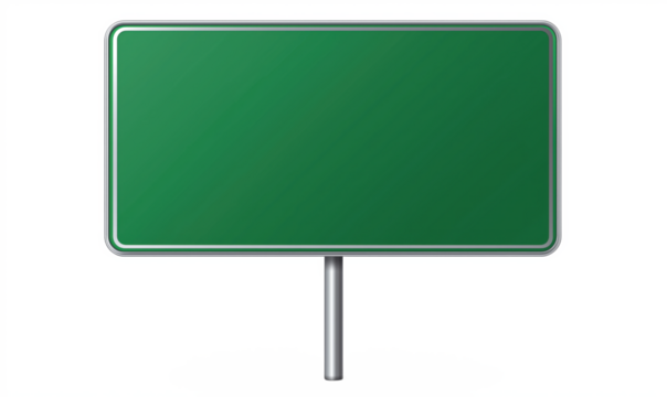 Blank green road sign, empty space for text or directions, metal pole support, simple design, isolated on transparent background, png