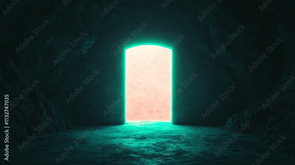 Poster a glowing door stands in a dark cave, emanating light and inviting exploration into the mysterious s