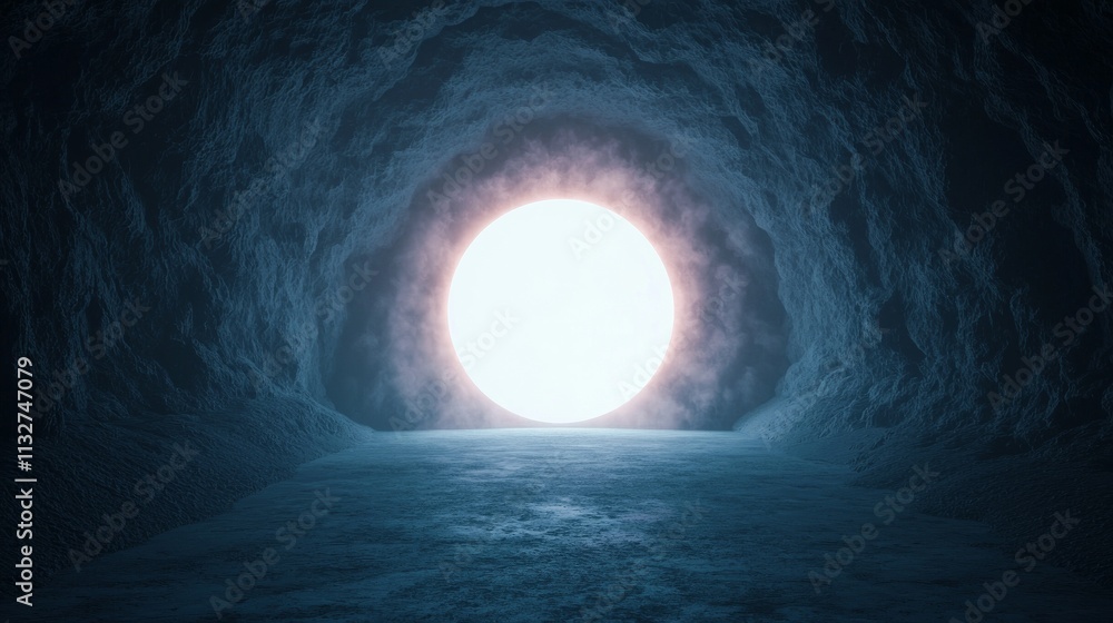 Poster a glowing light emanates from a dark, tunnel-like space, creating an atmospheric and mysterious scen