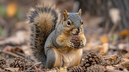 Fototapeta premium Fox Squirrel Eating Pine Cone In Autumn Woods
