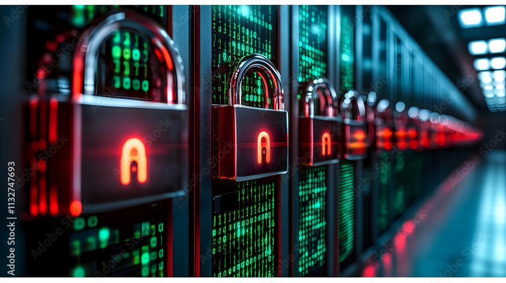 Poster data center security with padlocks showing digital security.