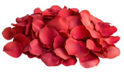 Red rose petals pile, vibrant and soft texture, romantic decoration, perfect for events, weddings, or special occasions, isolated on transparent background, png