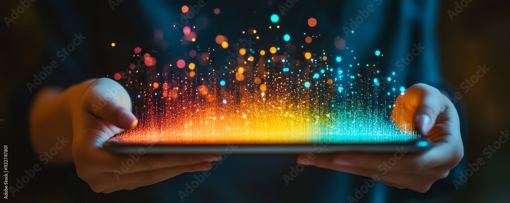 Poster Professional with a tablet showing colorful data visuals, representing digital innovation, modern technology, and the power of realtime data analysis