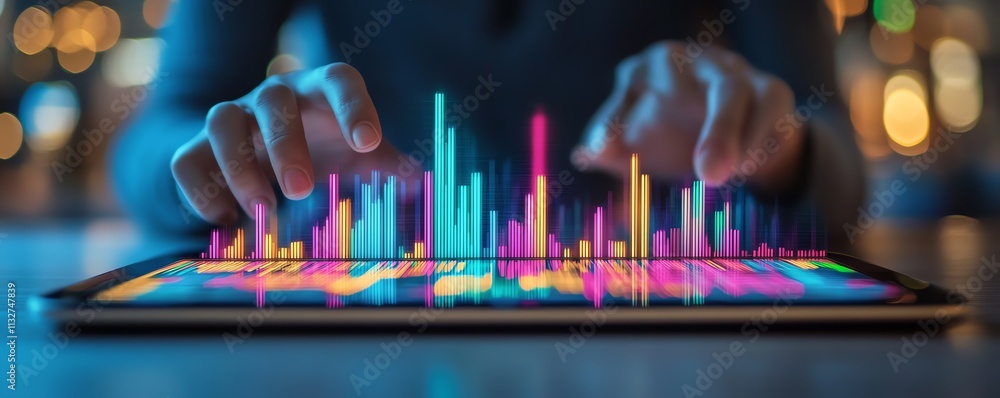 Poster Professional with a tablet showing colorful data visuals, representing digital innovation, modern technology, and the power of realtime data analysis