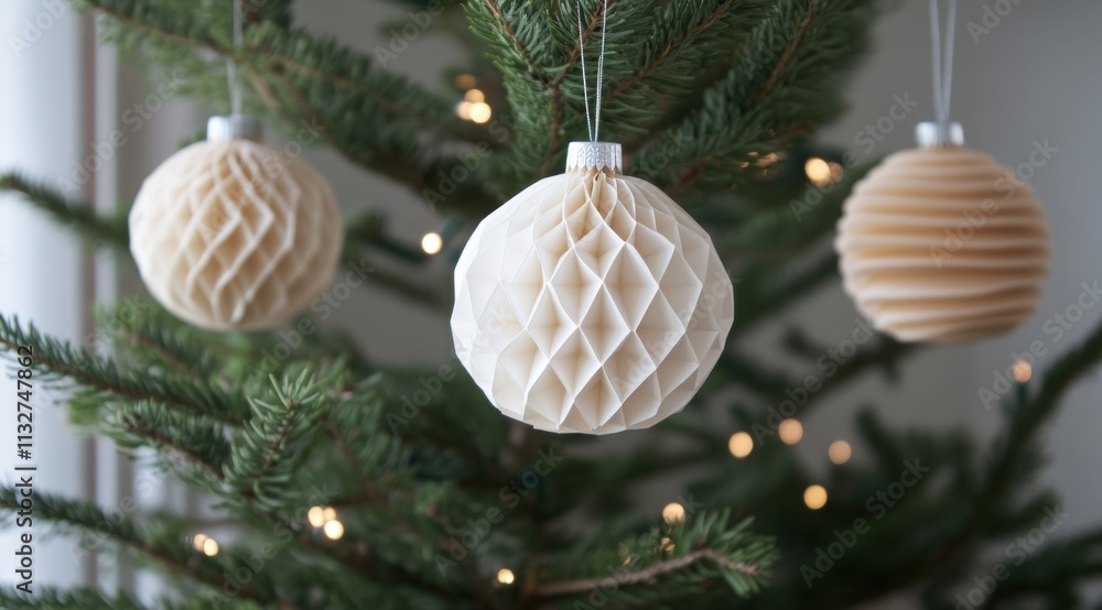 Poster close-up of paper balls hanging on a christmas tree, isolated on a white background with copy space.