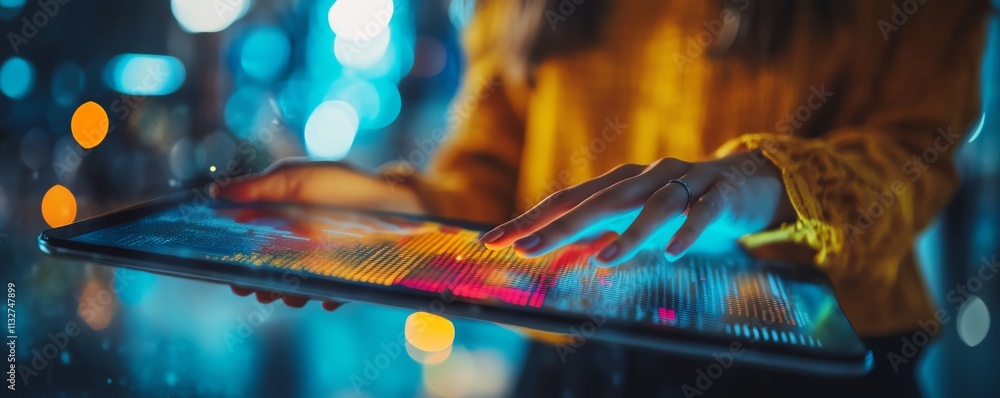 Poster Professional with a tablet showing colorful data visuals, representing digital innovation, modern technology, and the power of realtime data analysis