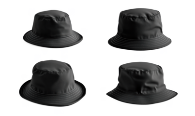 Black bucket hats, four angles, stylish design, smooth texture, versatile accessory, suitable for casual wear, outdoor activities, fashion statement, isolated on transparent background, png