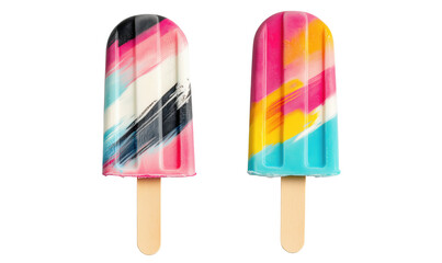 Colorful ice pops, vibrant swirls, two popsicles with bright patterns, pink, blue, yellow, black, creamy texture, wooden sticks, isolated on transparent background, png