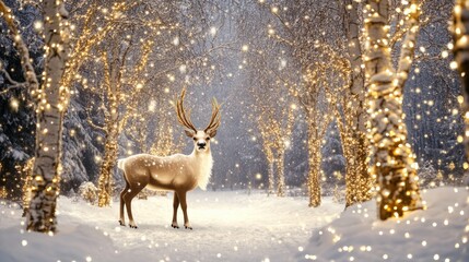 Obraz premium A peaceful reindeer in the center of a snowy forest, Christmas lights sparkling on nearby trees, with room for text, isolated on white