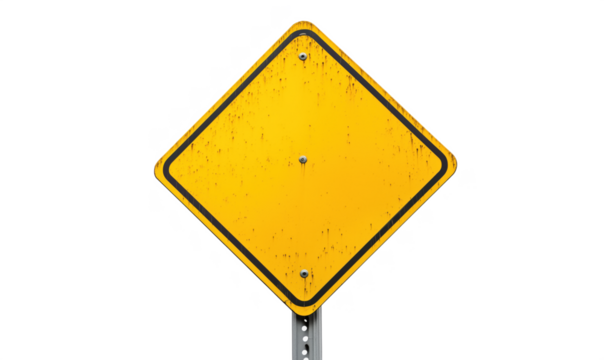 Blank yellow warning sign, weathered surface, no text or symbols, isolated on transparent background, png