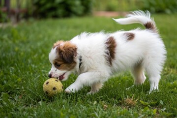 Fluffy Puppy Playing with a Ball in the Grass, Captured in Sharp Detail