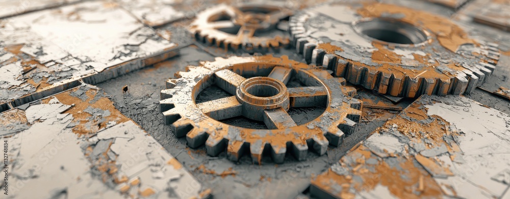 Poster a close-up view of rusted gears on a textured surface, showcasing intricate details and a weathered 