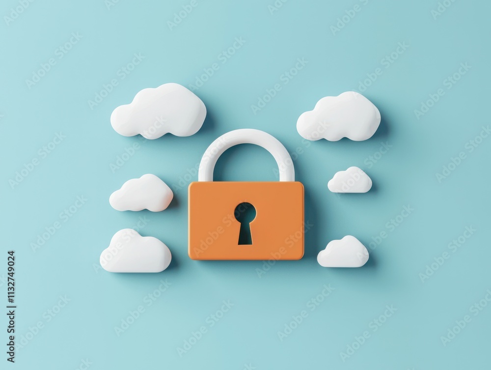 Poster a stylized lock surrounded by fluffy clouds, representing security and protection in a digital or cl