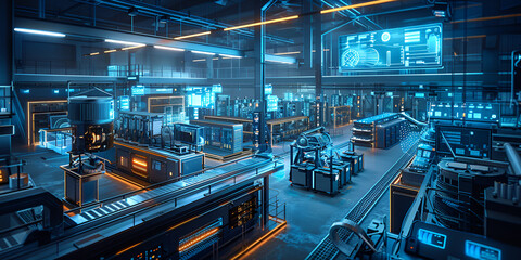 Obraz premium Advanced robotic assembly line in factory, High-tech industrial automation system