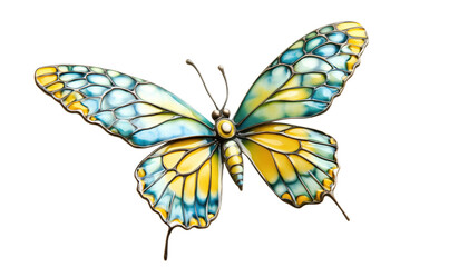 Obraz premium Stained glass butterfly art piece, vibrant blue and yellow colors, intricate design, decorative wall hanging, isolated on transparent background, png