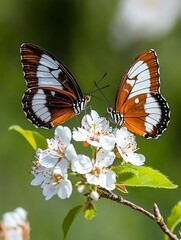 Obraz premium Two butterflies mating on a flowering branch.