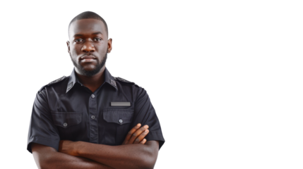 African young male security , confident and arms crossed on white background
