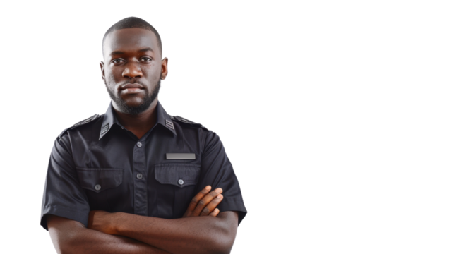 African young male security , confident and arms crossed on white background
