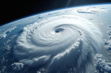 Aerial view of a massive cyclone over Earth, showcasing swirling cloud patterns, atmospheric intensity, and Earth's curvature