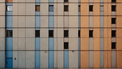 Fototapeta premium A vibrant and geometric image of a building with a mix of colorful walls and windows, showcasing urban architecture and design.