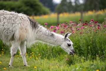 Fototapeta premium Little Llama Eating Grass in a Blooming Field