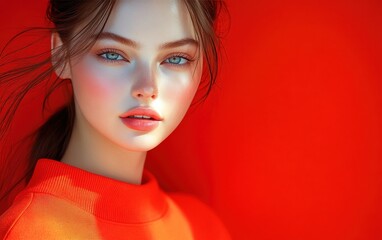 Fototapeta premium smiling beauty woman with casual sweatshirt in color background
