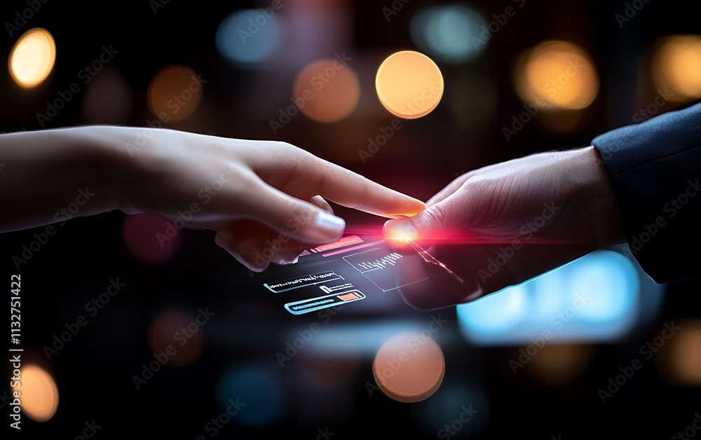 Poster two hands interacting with a futuristic smartphone interface.