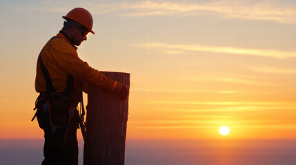 Fototapeta premium lumberjack in safety gear stands by tree stump at sunset, reflecting on his work