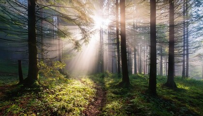 Obraz premium surreal forest with fog and sun rays