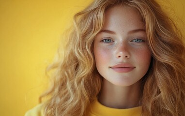 Naklejka premium smiling beauty woman with casual sweatshirt in color background