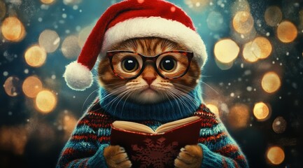 Portrait of a funny cat in a Santa Claus hat with glasses, with gift, Christmas lights background. 