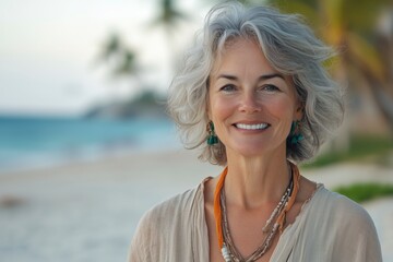 Portrait of a smiling senior woman on the beach with the sea behind her.