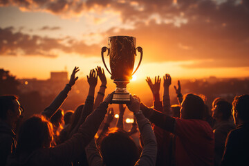 The winning team holds the trophy cup in their hands. Silhouettes of many hands at sunset. ,.  