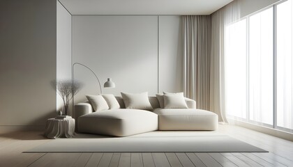 Modern Living Room with a Sleek Grey Sofa and Large Windows