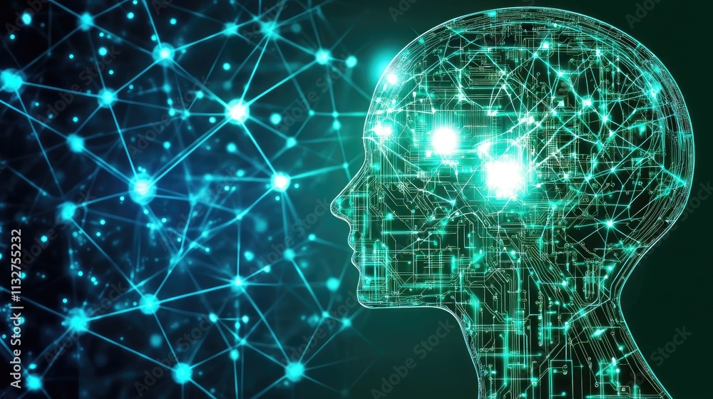 Poster a glowing ai chip highlighted on a complex, futuristic circuit board background, symbolizing advance