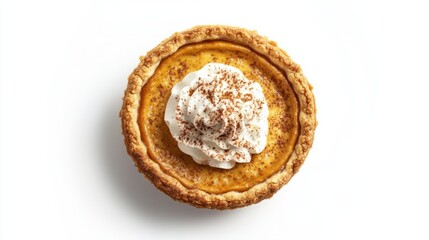 A pumpkin pie with a perfectly baked crust, topped with a dollop of whipped cream and sprinkled with cinnamon, isolated on white