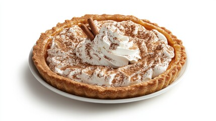 A pumpkin pie with a rustic homemade look, garnished with a dollop of whipped cream and cinnamon powder, on white