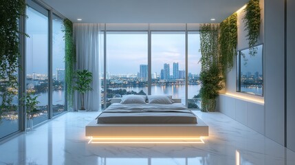 Fototapeta premium Modern bedroom with city view, plants, and illuminated platform bed.