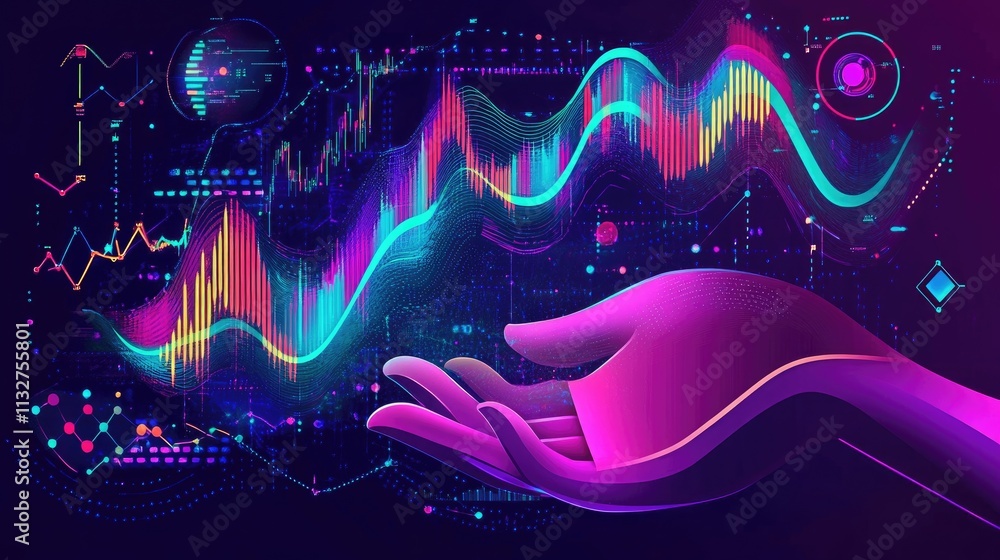 Poster a glowing virtual graph showing stock market success held by a hand, with a sharp upward arrow and f