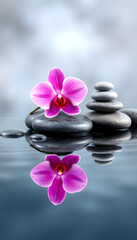 Set of pink orchid and gray spa stones on water and reflection, pop-art, with white tones