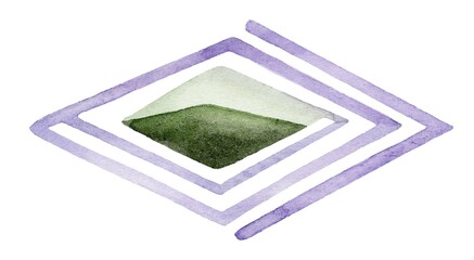 Abstract watercolor design featuring geometric shapes and soft green landscape inspired by nature