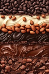 Obraz premium Background in the form of layers of different types of chocolate with nuts. Dessert concept, banner, poster, wallpaper, background