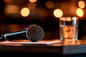 Obraz premium Awaiting Voices: Microphone poised on stage, ready for the next speaker. Warm lighting enhances the anticipation.