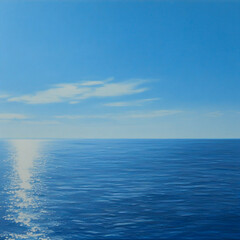 Obraz premium A serene horizon reflected in clear blue skies, sunny weather and smooth, peaceful waters above calm seas.