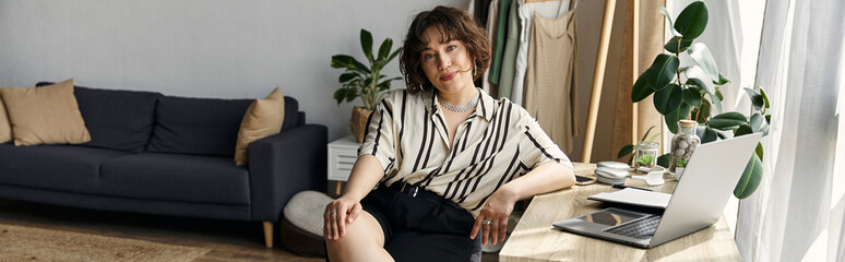 Young woman relaxes in her stylish apartment, embracing a contemporary lifestyle with natural light, banner