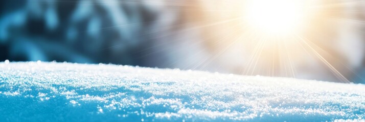 Close-Up of Beautiful Snow with Sun Rays Shining Through, Blue Background