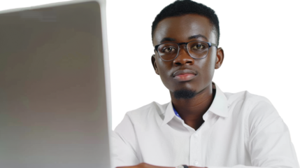 African young male Employee IT specialist sit at work with laptop on white background	