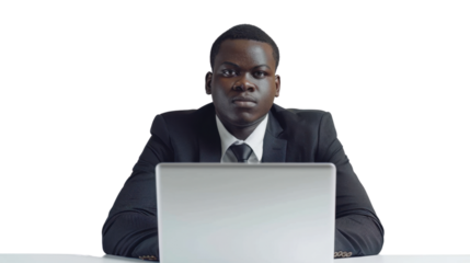 African young male Employee IT specialist sit at work with laptop on white background	