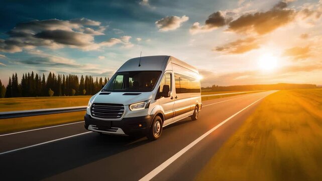 White Van Driving on Open Highway at Sunset, Representing Transport, Logistics, and Travel Services in Scenic Rural Setting